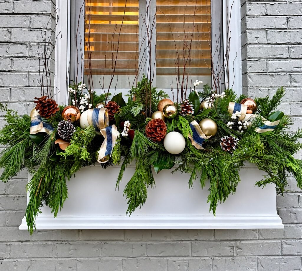 Garden-style floral compote on a wood log table 11. Christmas window box — Holiday window box with evergreen and seasonal greenery