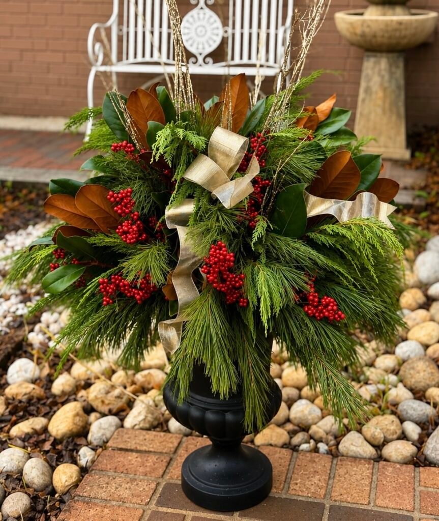 Outdoor holiday urn arrangement with magnolia leaves, pine, and red berries