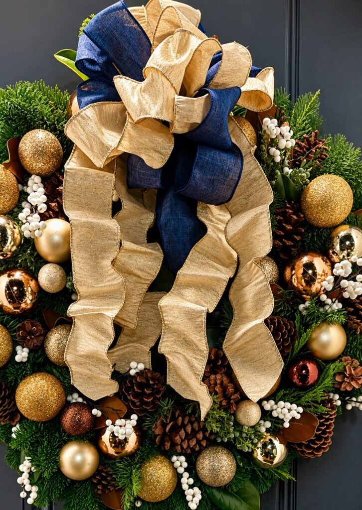 Fresh evergreen holiday wreath with seasonal accents