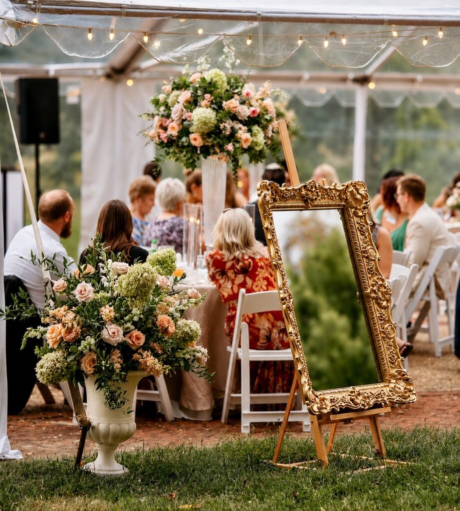 Red rose garland draped on a bar with marquee letters 9. Tented reception — Tented wedding reception styled with a gold mirror and florals